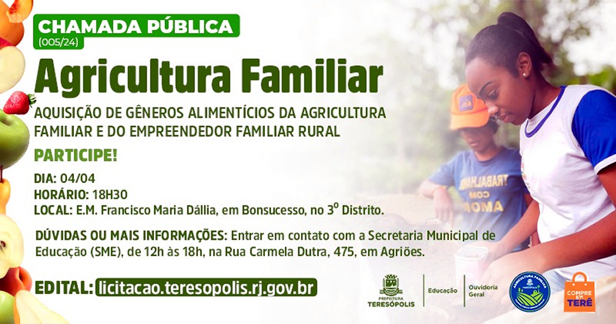 Compra de produtos da Agricultura Familiar para a merenda escolar dos alunos da Rede Municipal de Teresópolis - Imagem: Divulgação